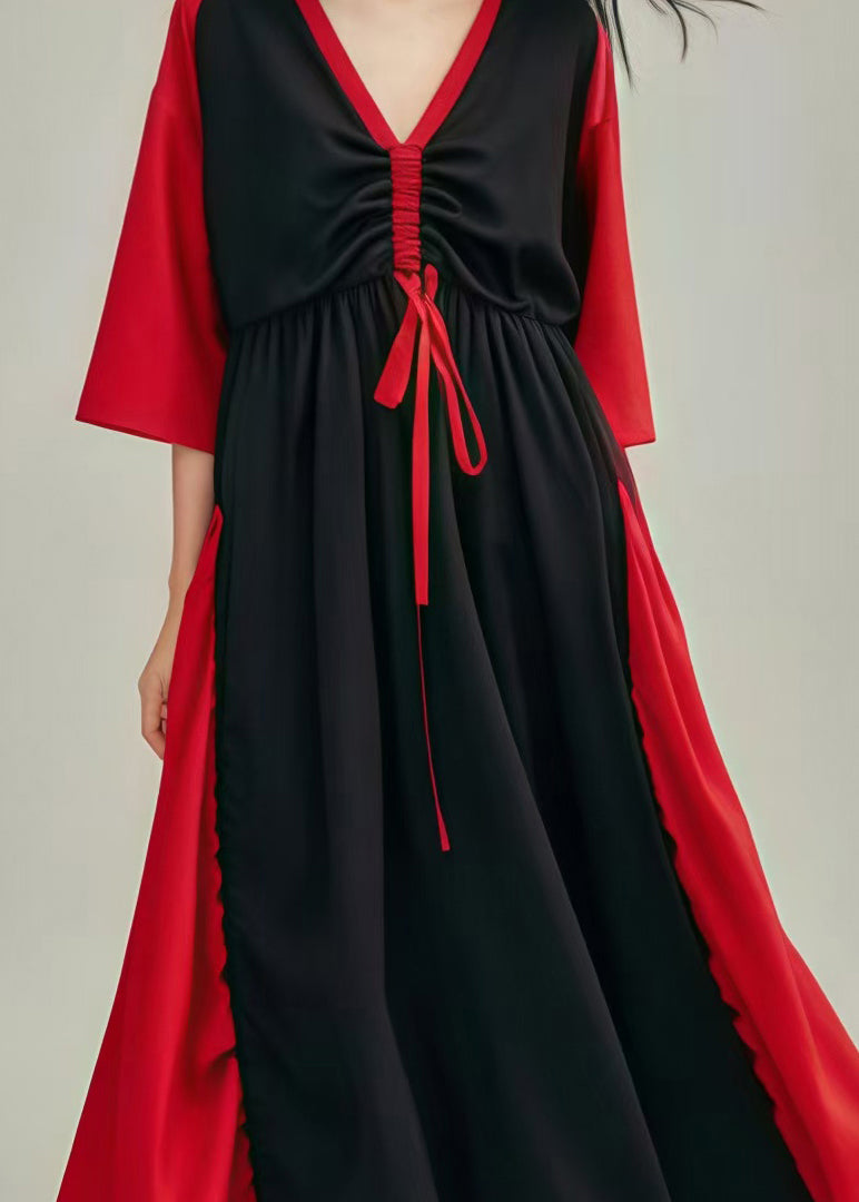 Black Cinched Patchwork Cotton Long Dress Summer