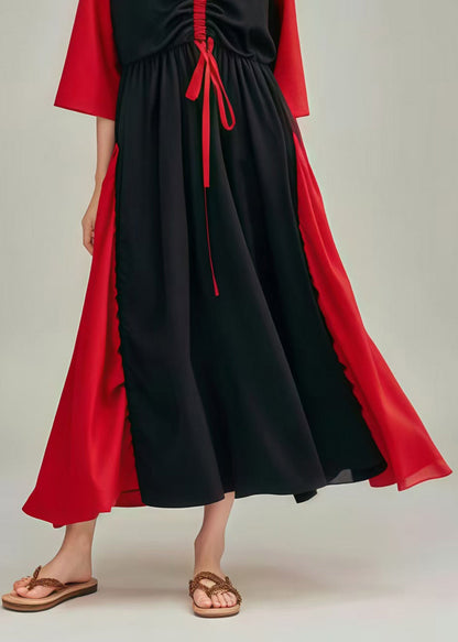 Black Cinched Patchwork Cotton Long Dress Summer