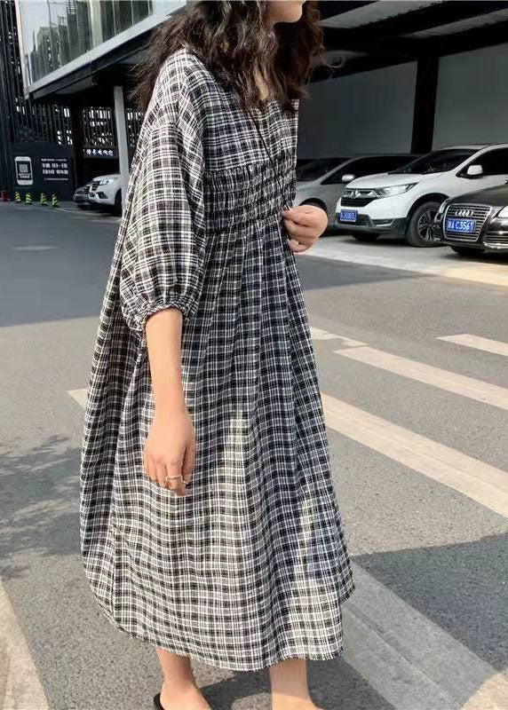 Black Cinched Plaid Cotton Maxi Dresses Half Sleeve