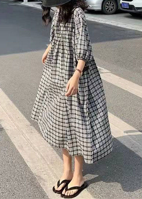 Black Cinched Plaid Cotton Maxi Dresses Half Sleeve