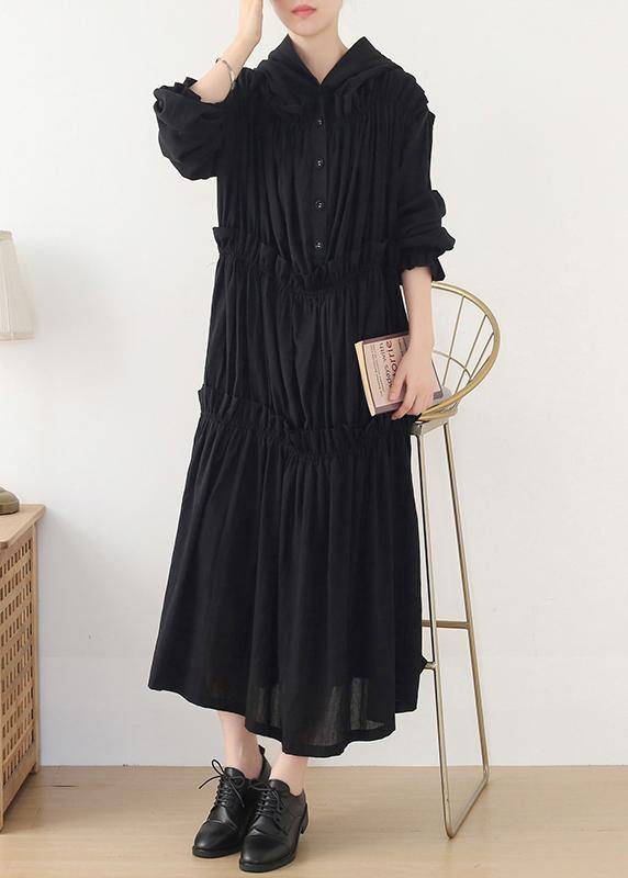 Black Cinched Hooded Spring Cotton Dress