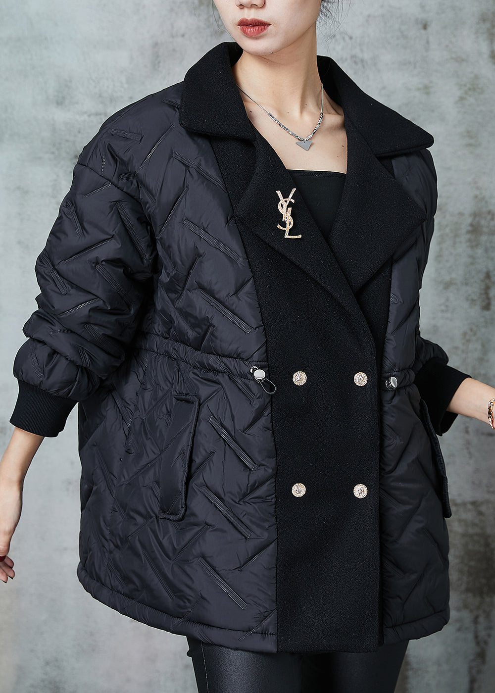 Black Double Breast Patchwork Fine Cotton Filled Jacket Spring