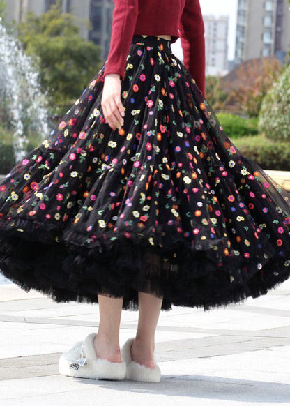 Black Embroidered Exra Large Hem Tulle Skirt Spring