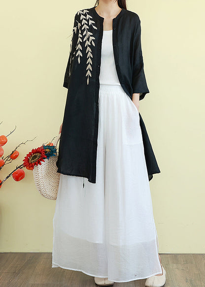 Black Embroidered Linen Shirt Dresses Summer