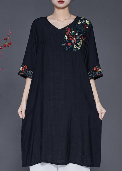 Black Embroidered Oversized Linen Dress Summer