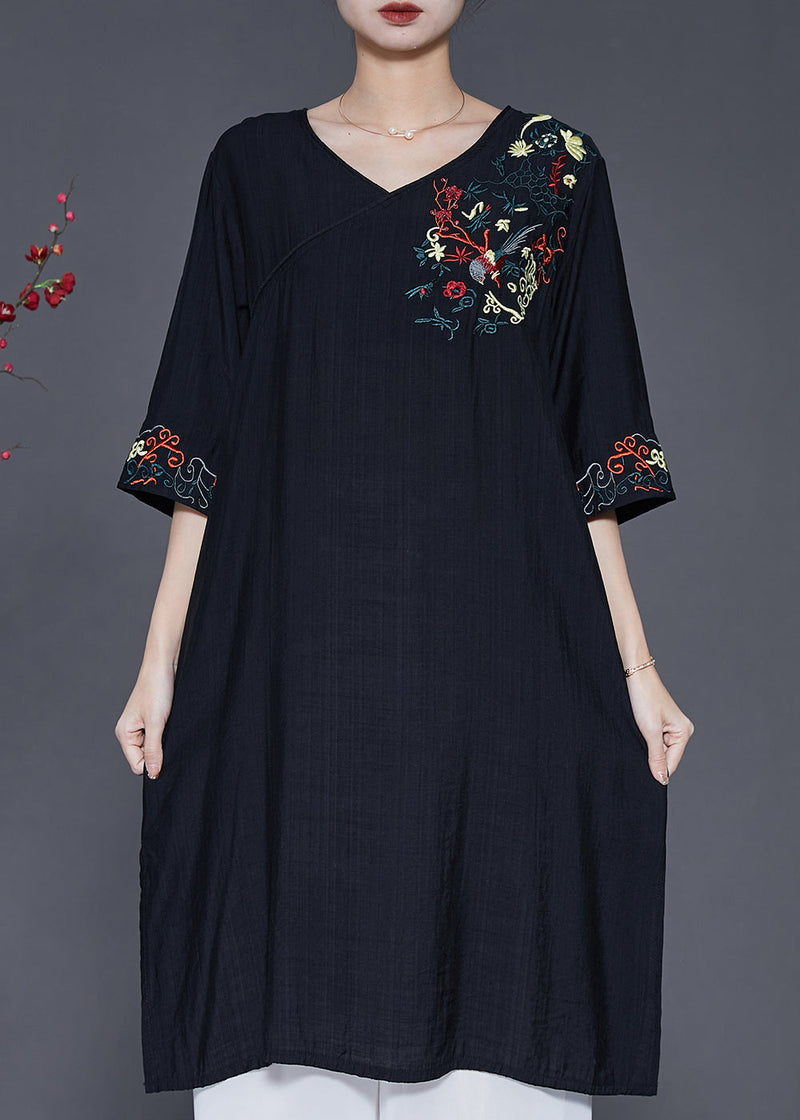 Black Embroidered Oversized Linen Dress Summer