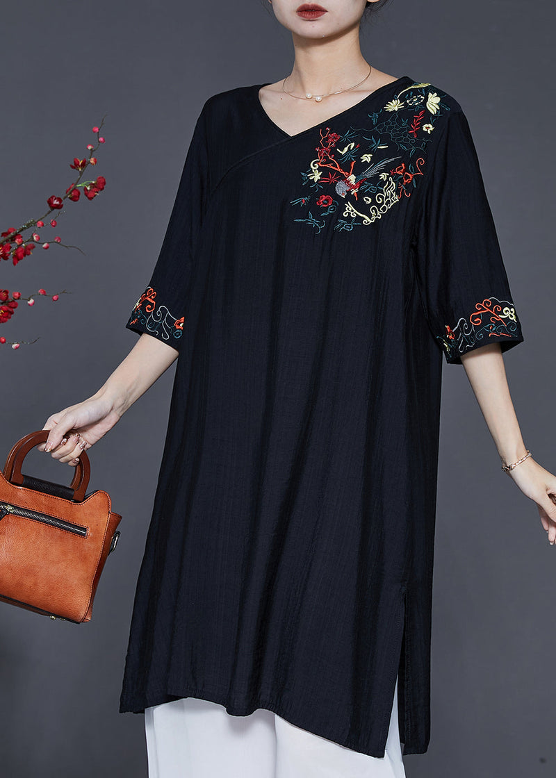 Black Embroidered Oversized Linen Dress Summer