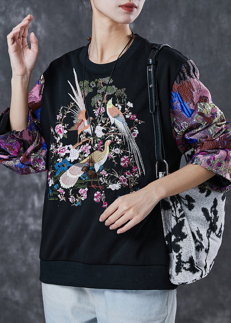 Black Embroidered Patchwork Cotton Sweatshirt Spring
