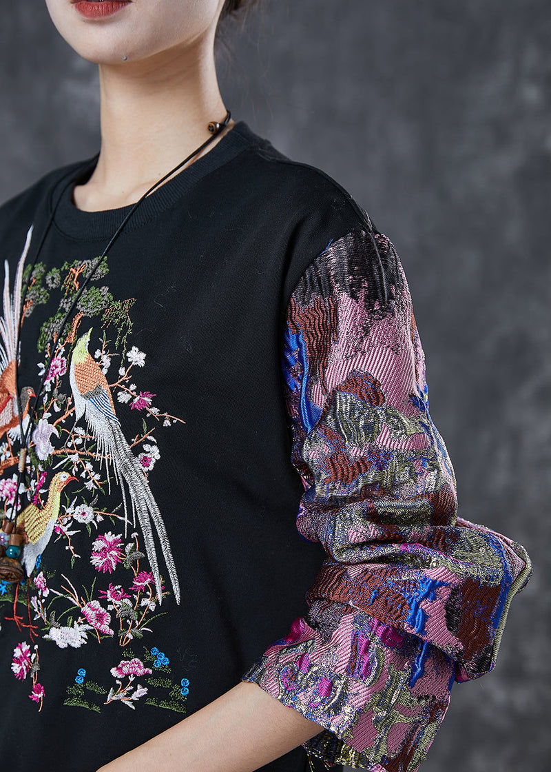 Black Embroidered Patchwork Cotton Sweatshirt Spring