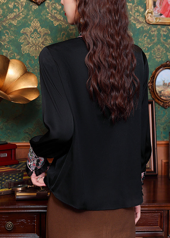 Black Embroidered Tulle Patchwork Hollow Out Chiffon Tops Long Sleeve