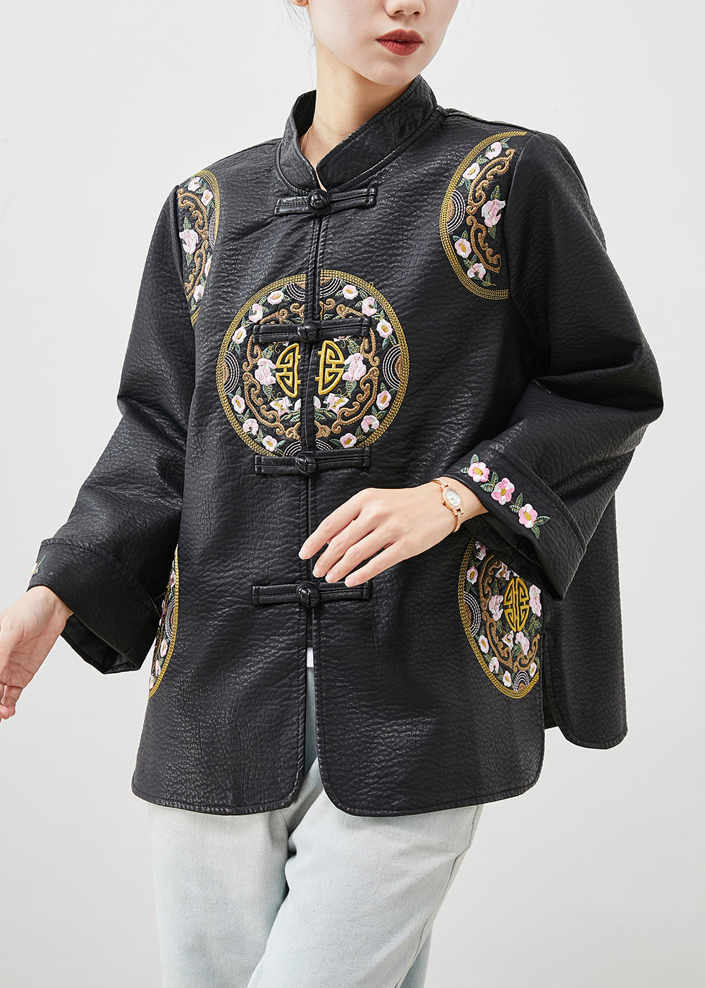 Black Embroidered Chinese Button Faux Leather Coat Spring
