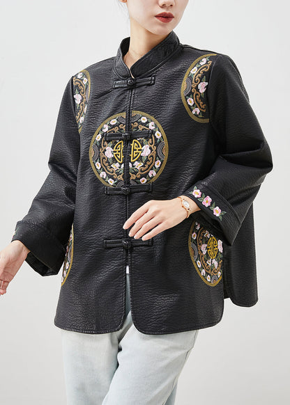 Black Embroidered Chinese Button Faux Leather Coat Spring