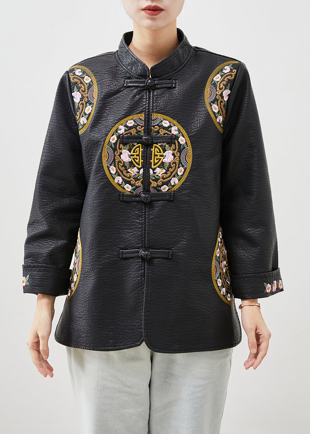 Black Embroidered Chinese Button Faux Leather Coat Spring