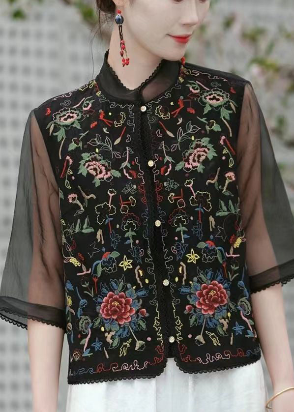 Black Pinting Patchwork Linen Silk Top Half Sleeve