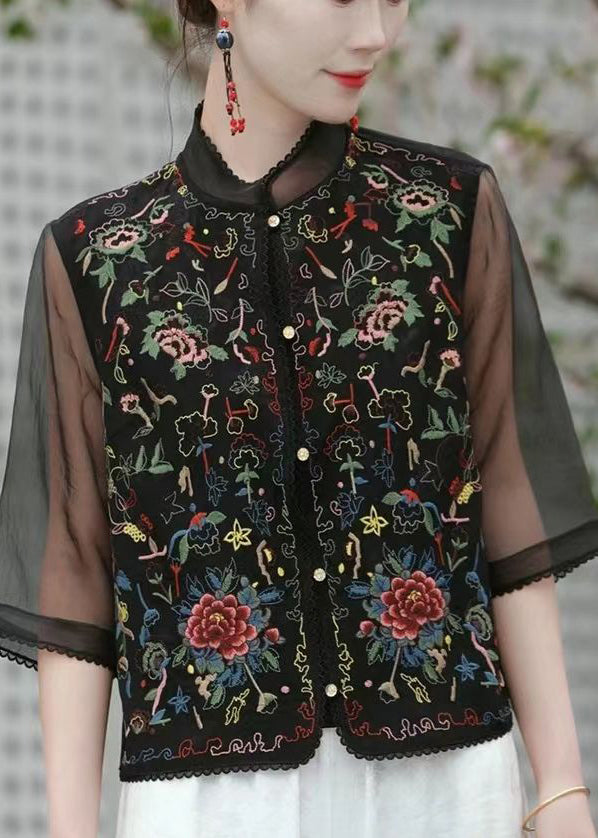 Black Pinting Patchwork Linen Silk Top Half Sleeve