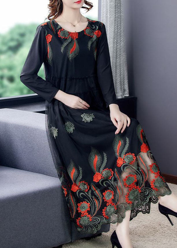 Black Embroideried Patchwork Tulle Party Dress Spring