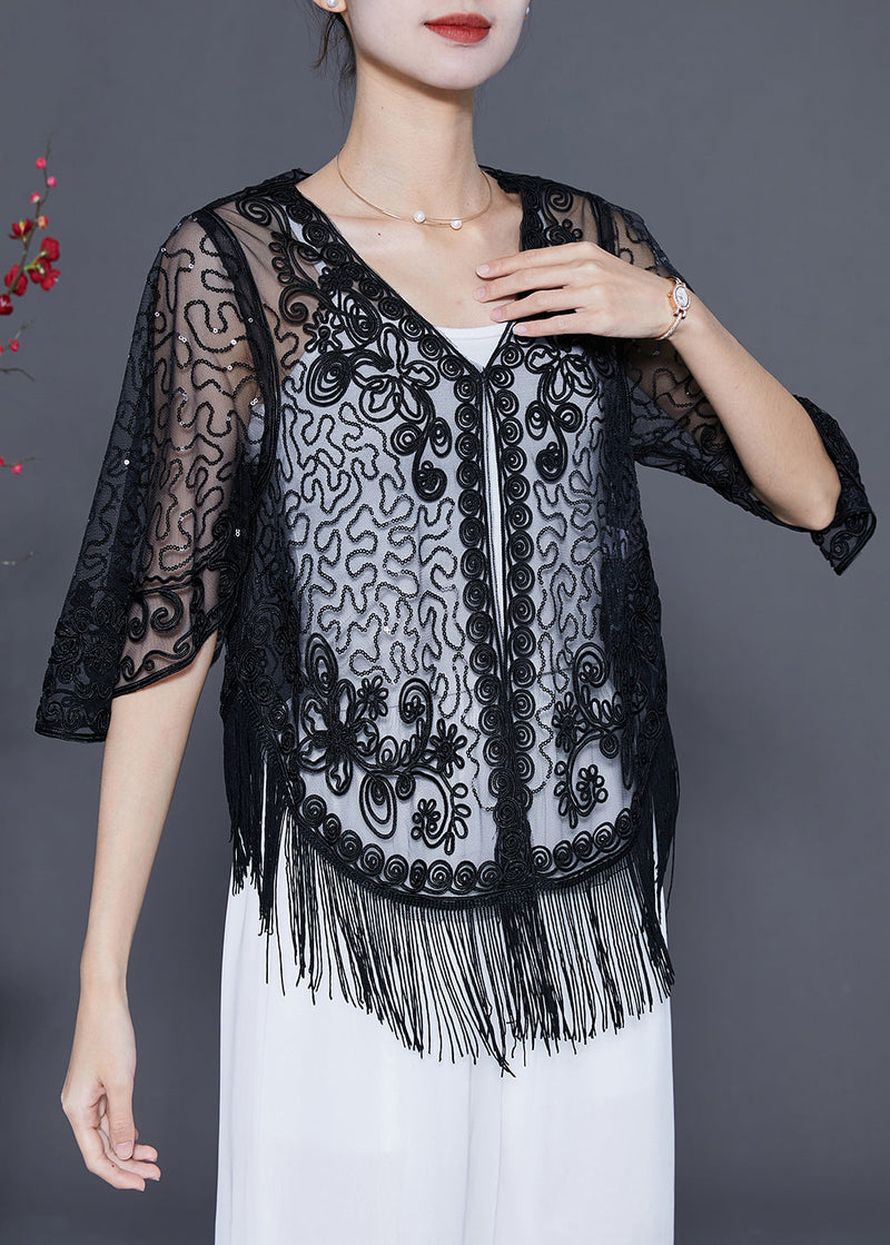 Black Embroideried Tulle Cardigans Summer