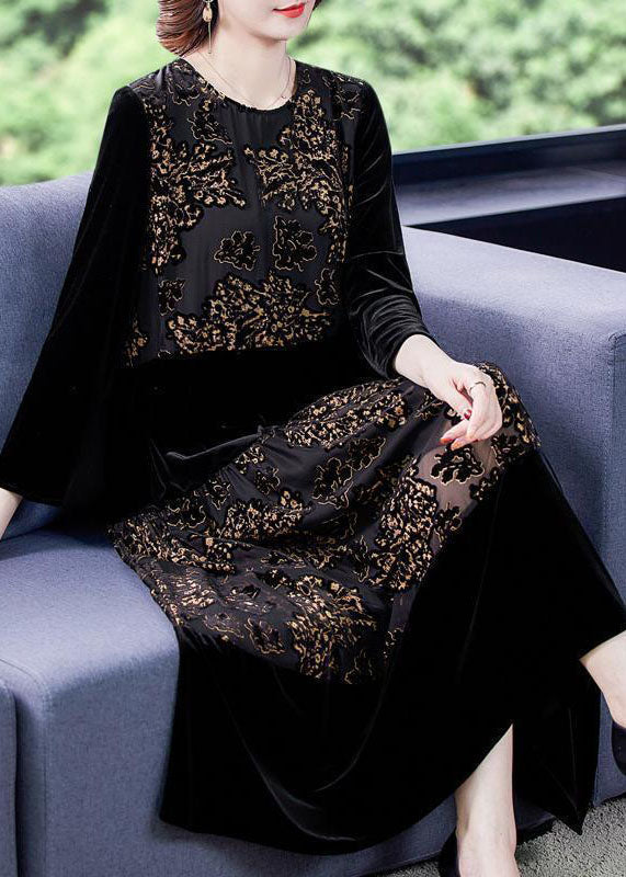 Black Embroideried Tulle Patchwork Silk Velour Dresses Spring