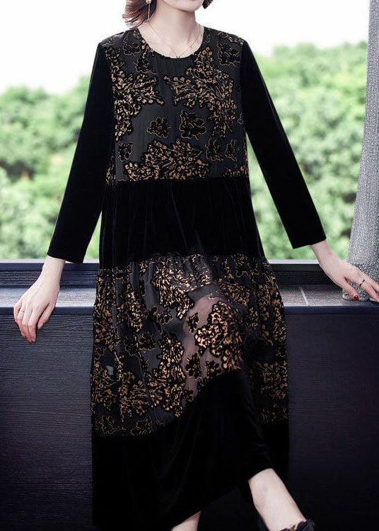 Black Embroideried Tulle Patchwork Silk Velour Dresses Spring