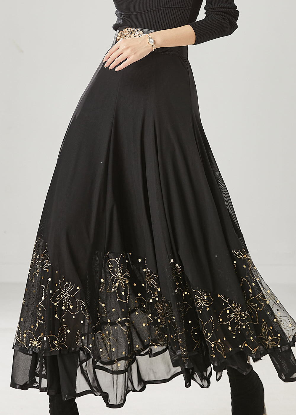 Black Exra Large Hem Chiffon Dance Skirts Spring