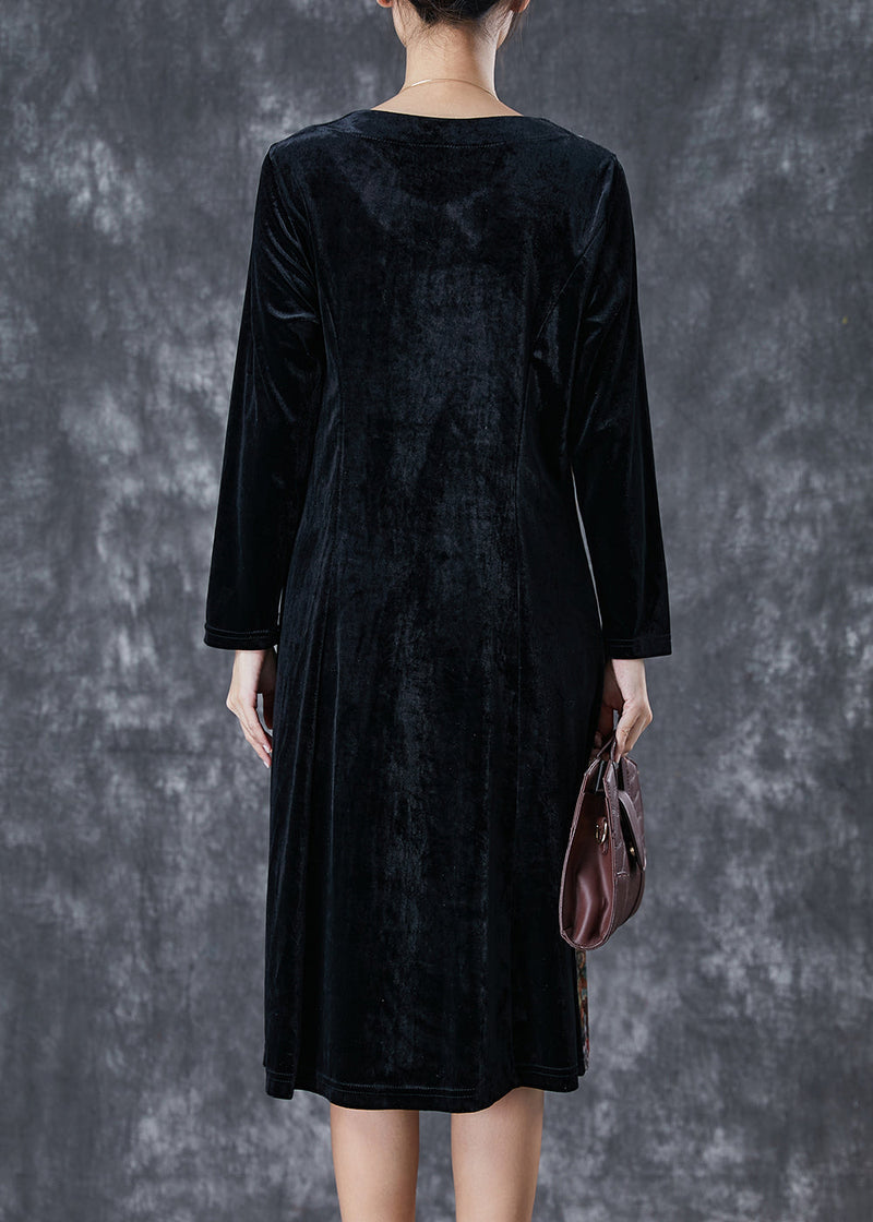 Black Exra Large Hem Patchwork Silk Velour Vacation Dresses Fall