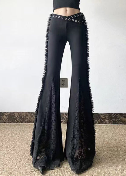 Black Eyelash Patchwork Lace Bell-bottom Trousers Pants Spring