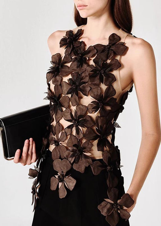 Black Decorated Tulle Tops Sleeveless