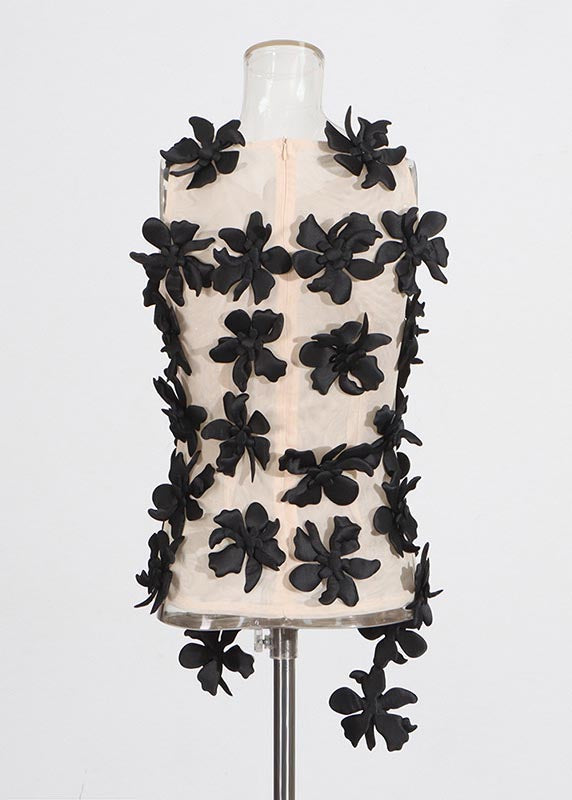 Black Decorated Tulle Tops Sleeveless