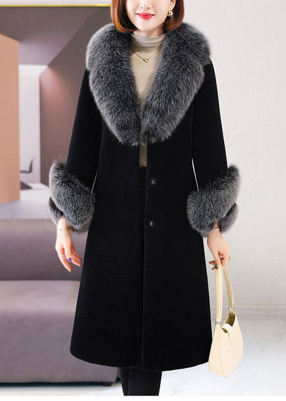 Black Fox Collar Tie Waist Woolen Long Coat Winter