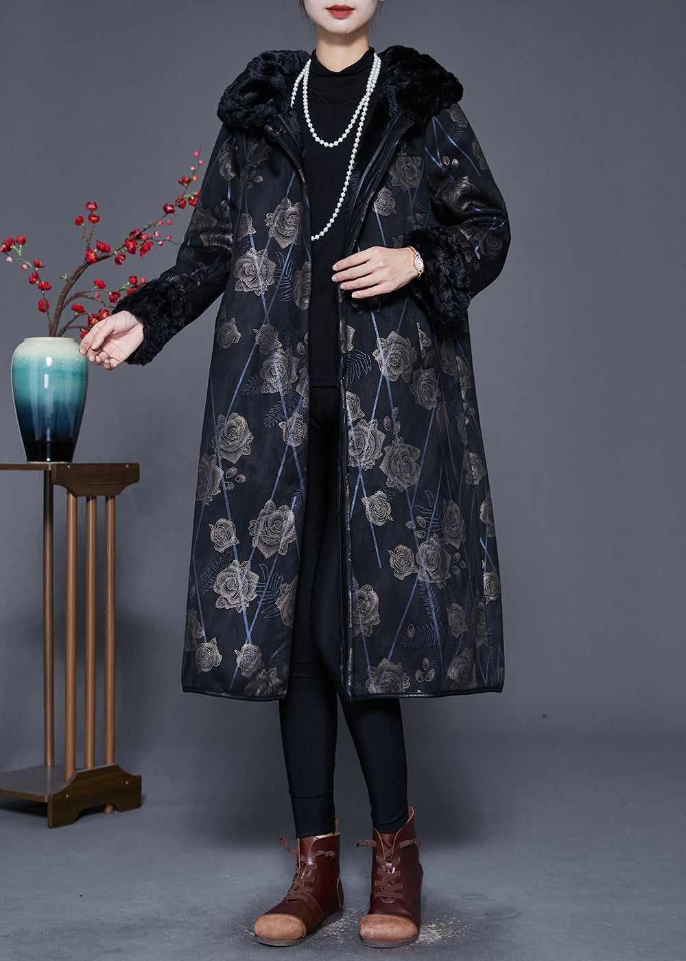 Black Fur Collar Print Warm Fleece Coat Outwear Winter