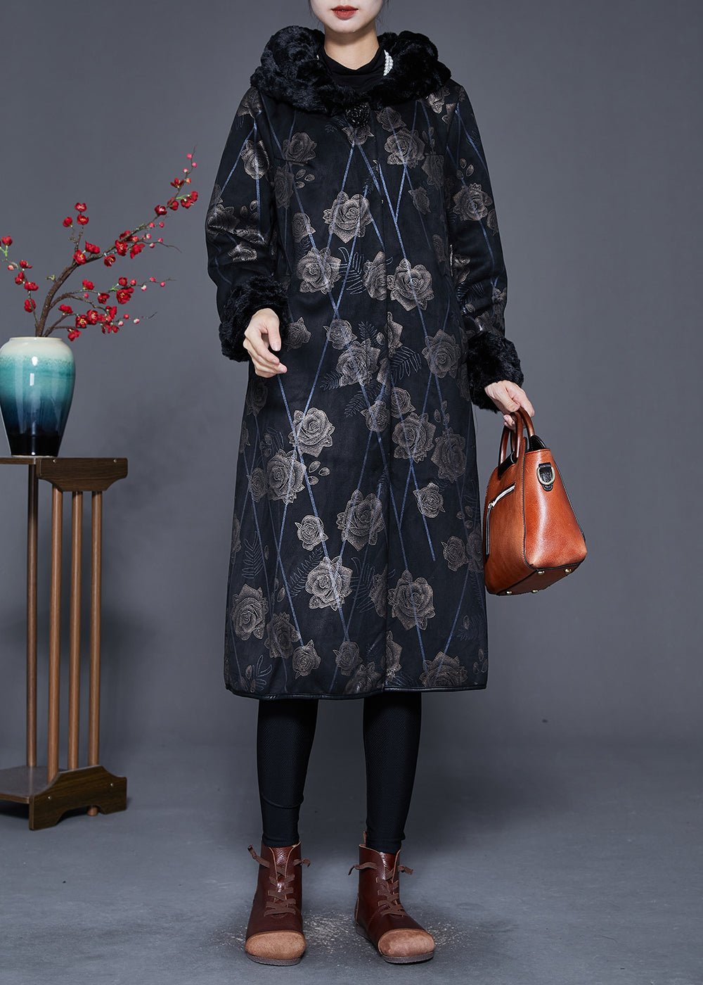 Black Fur Collar Print Warm Fleece Coat Outwear Winter