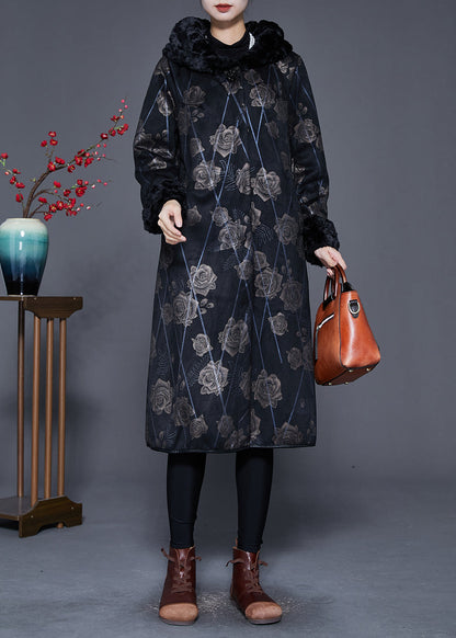 Black Fur Collar Print Warm Fleece Coat Outwear Winter