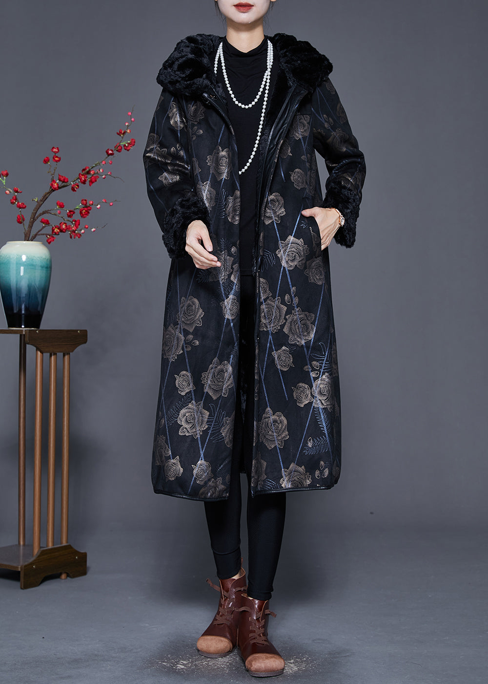 Black Fur Collar Print Warm Fleece Coat Outwear Winter