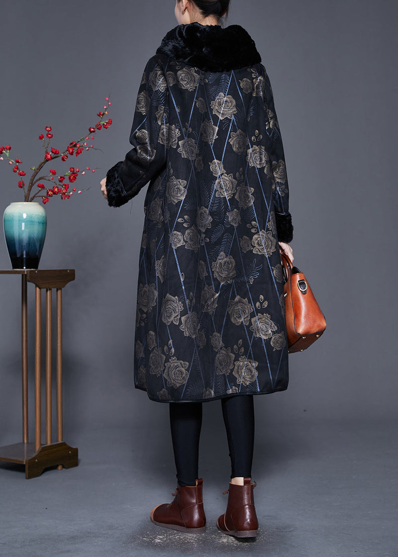Black Fur Collar Print Warm Fleece Coat Outwear Winter