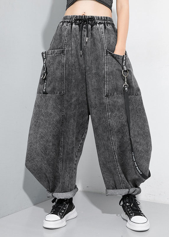 Black Grey Cinched Patchwork Denim Pants Trousers Spring