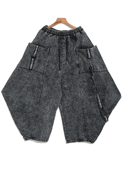 Black Grey Cinched Patchwork Denim Pants Trousers Spring