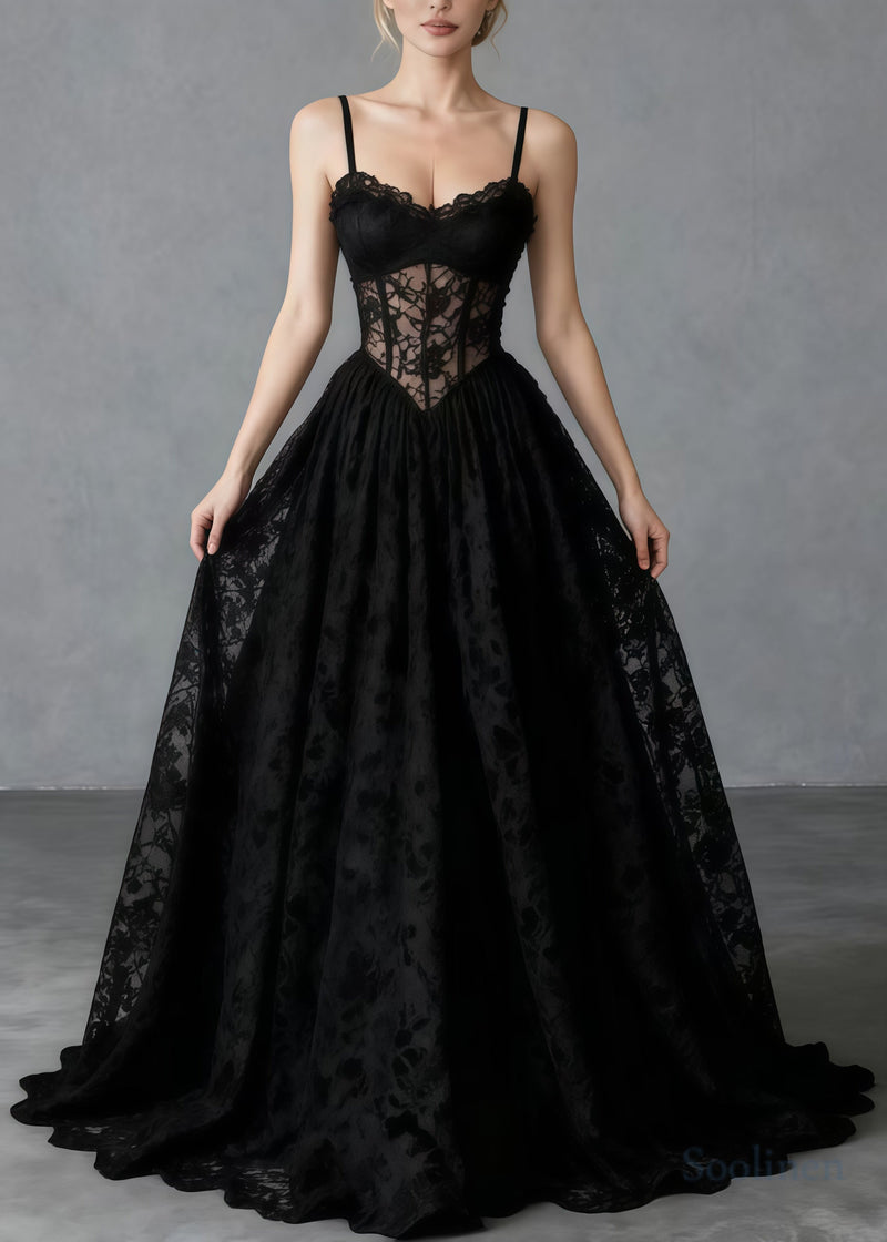 Black Hollow Out Exra Large Hem Lace Cami Dresses Summer