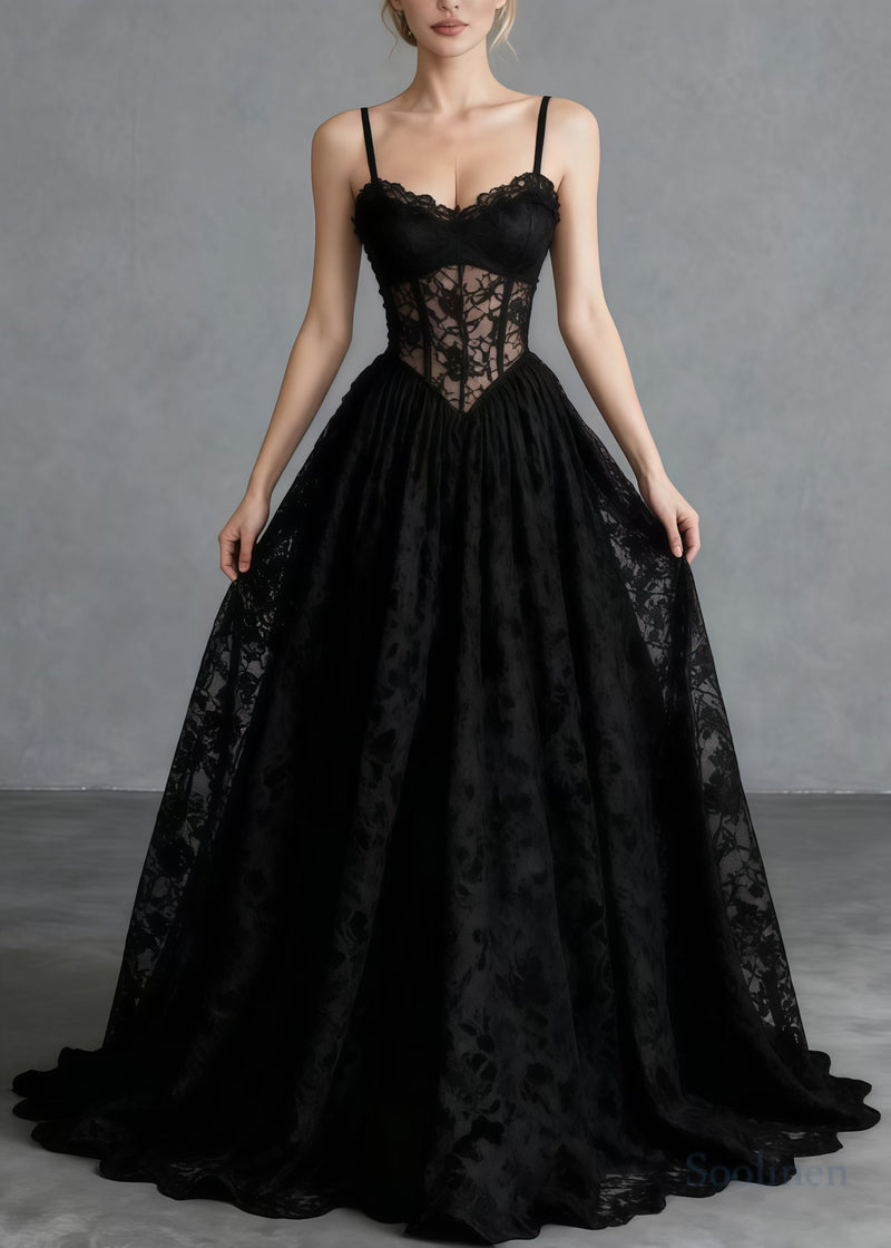 Black Hollow Out Exra Large Hem Lace Cami Dresses Summer