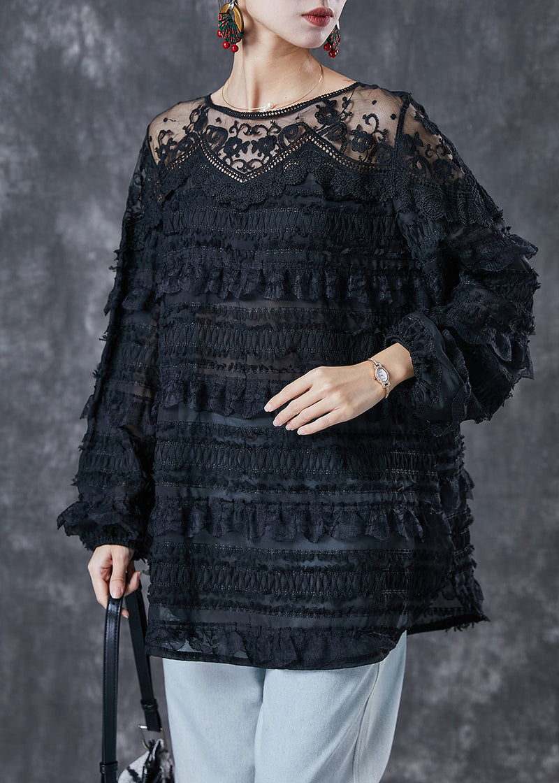 Black Hollow Out Patchwork Lace Top Spring