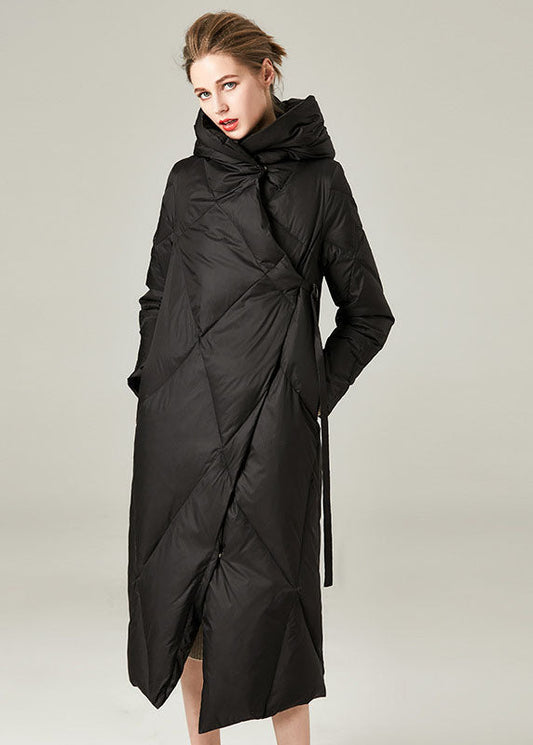 Black Hooded Asymmetrical Design Duck Down Winter Coats