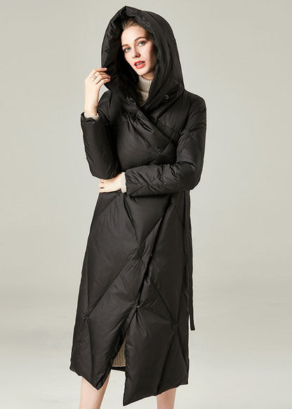 Black Hooded Asymmetrical Design Duck Down Winter Coats