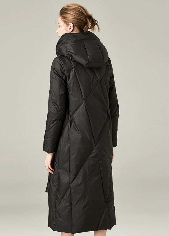 Black Hooded Asymmetrical Design Duck Down Winter Coats
