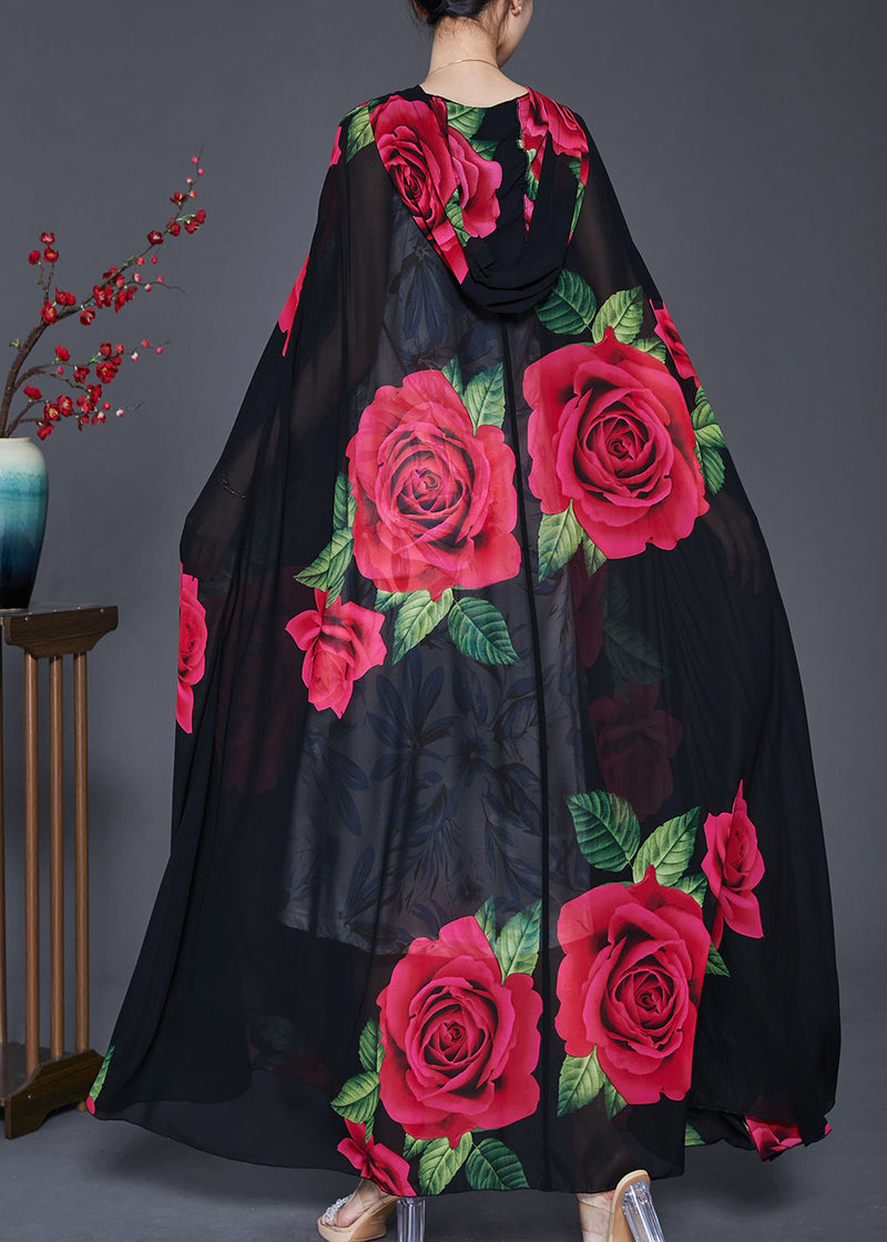 Black Hooded Print Chiffon Cardigan Spring