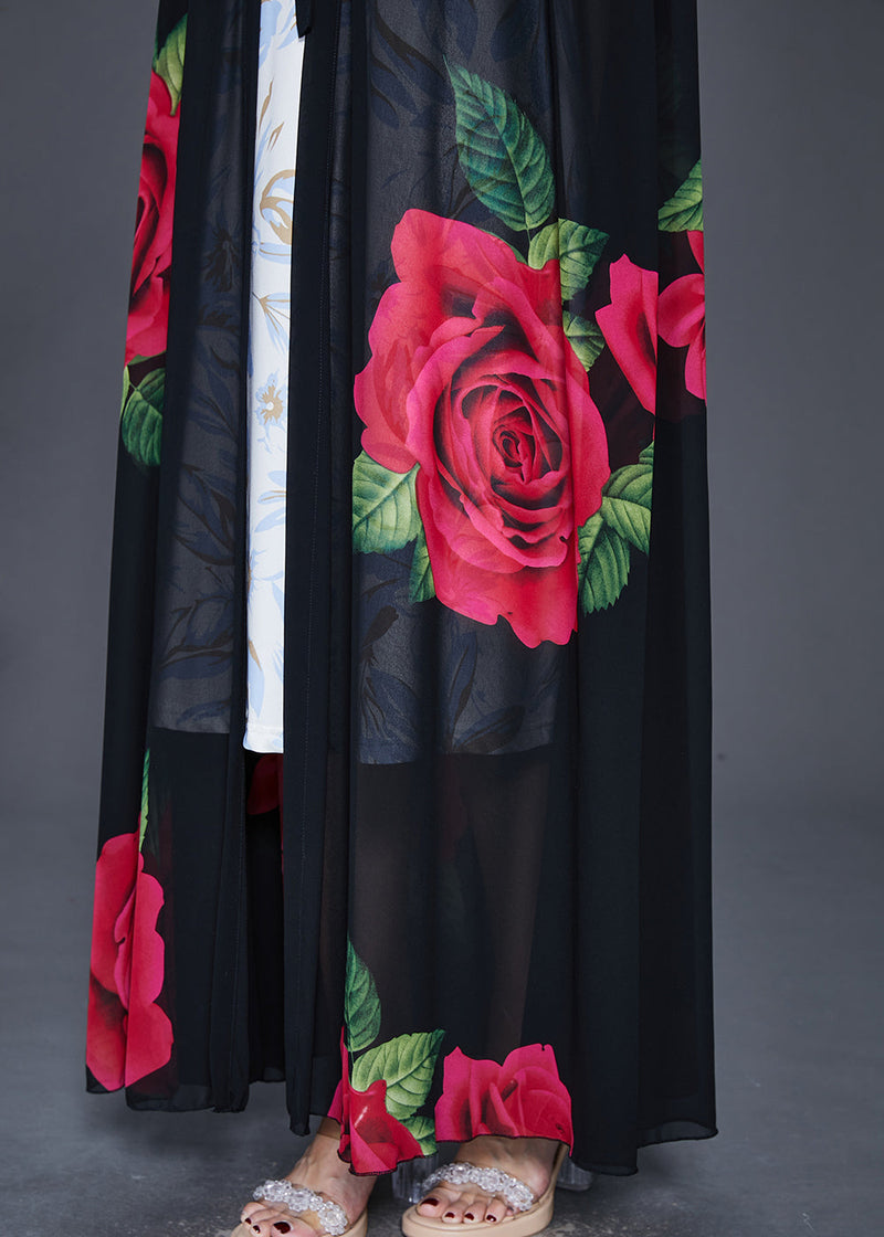 Black Hooded Print Chiffon Cardigan Spring