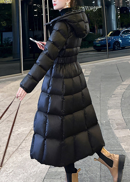 Black Hooded Pockets Slim Fit Fine Cotton Filled Parka Winter