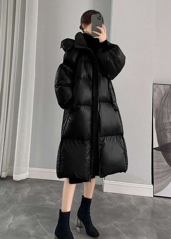 Black Hooded Zippered Thick Duck Down Puffers Jackets Winter