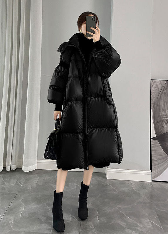 Black Hooded Zippered Thick Duck Down Puffers Jackets Winter