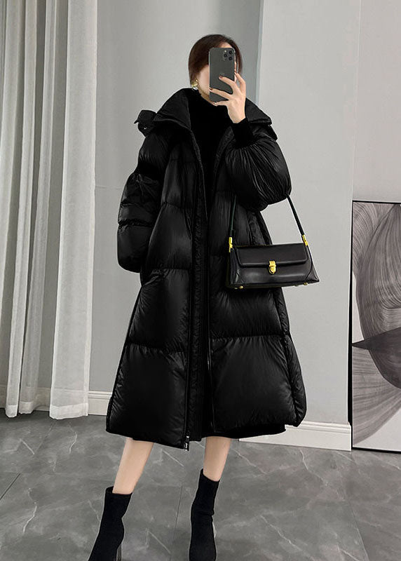 Black Hooded Zippered Thick Duck Down Puffers Jackets Winter