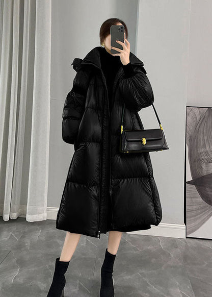 Black Hooded Zippered Thick Duck Down Puffers Jackets Winter