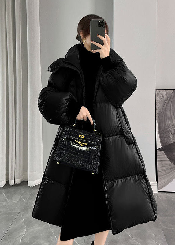 Black Hooded Zippered Thick Duck Down Puffers Jackets Winter